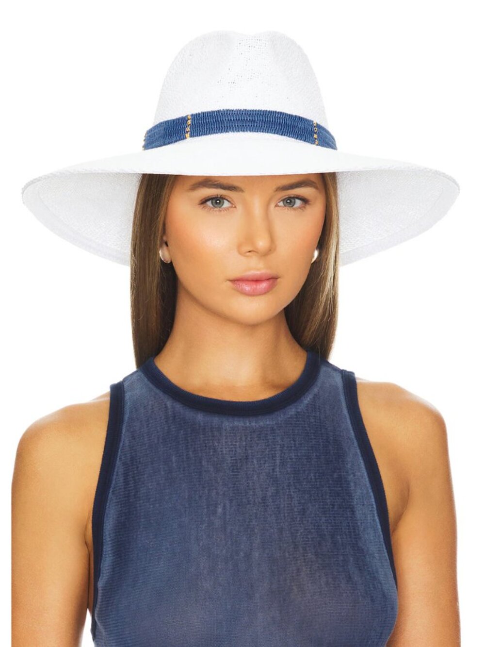 NEW Nikki Beach Saylor Hat in White & Navy Blue Toyo Straw Wide Brim Fedora